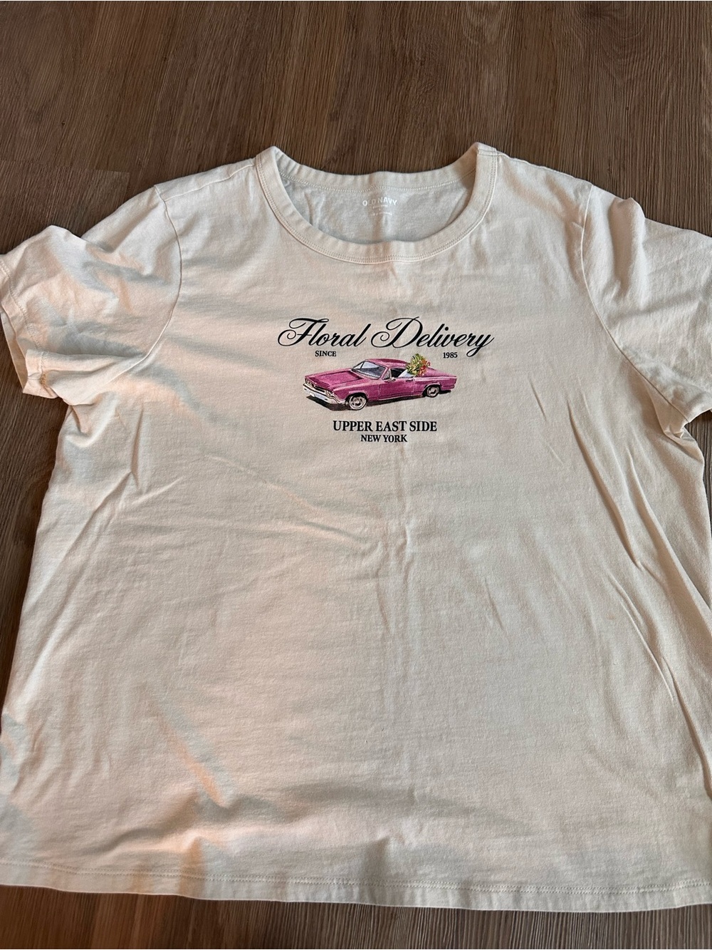 Old Navy White Tee with Pink Car Graphic - Floral Delivery